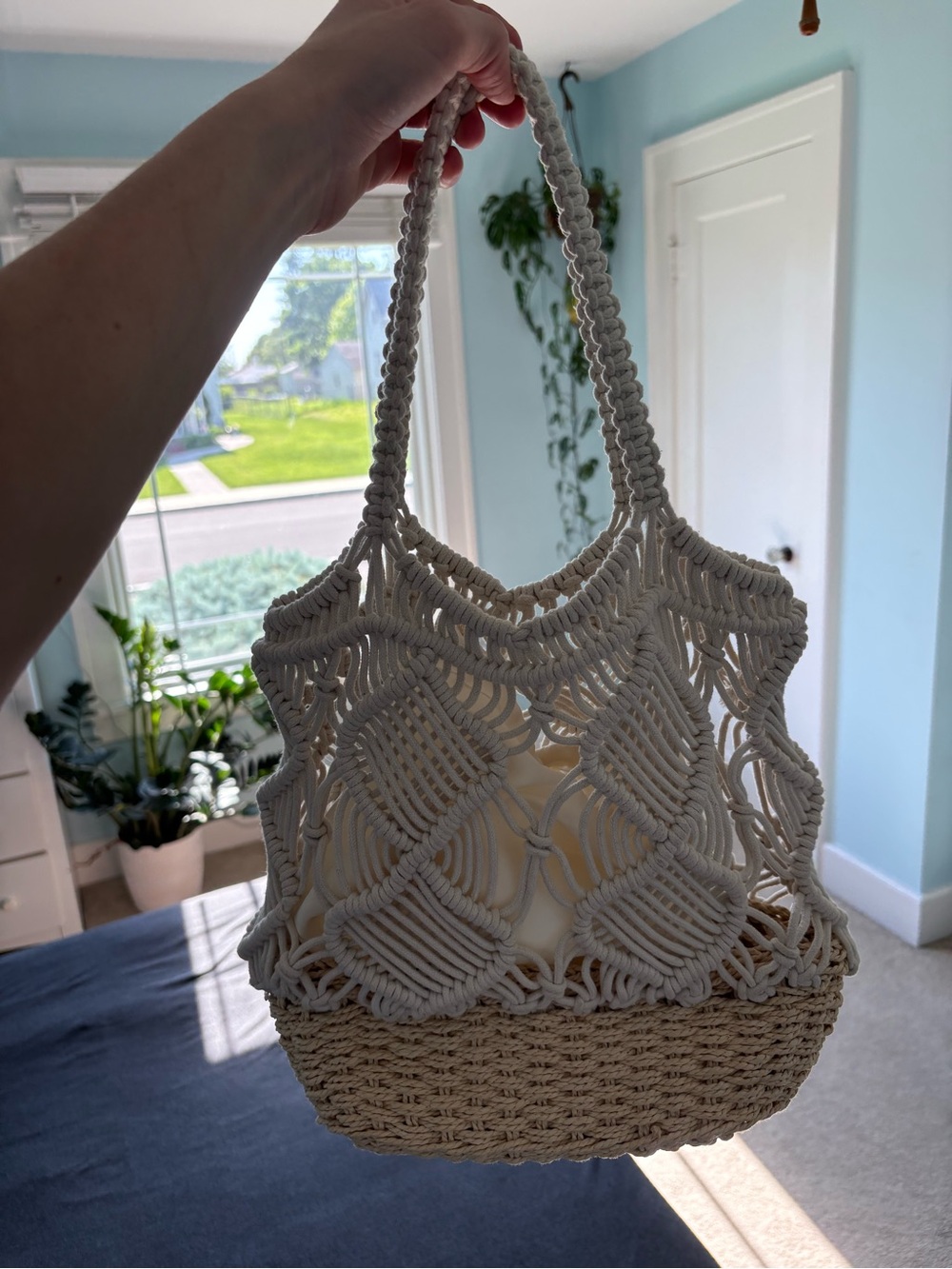 Boho Macrame Cotton & Woven Straw Beach Tote Bag Cream Lined Summer Handbag